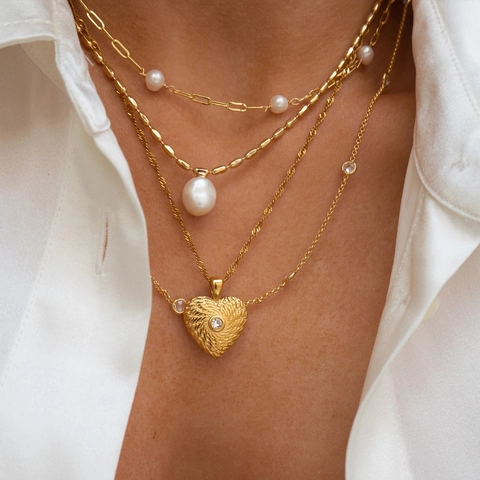Vintage Edelstahl Herz Medaillon Anhänger Halskette Für Damen 18K Vergoldet Mehrlagige Künstliche Perle Herz Halskette Schmuck