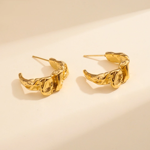 18K Vergoldet Edelstahl Geschmolzene Textur C-Förmige Creolen Für Damen Französisches Retro Minimalistisch Unregelmäßiger Schmuck