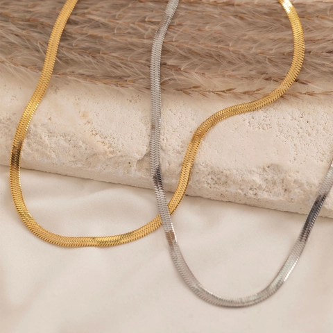 18K Vergoldete Edelstahl Fischgrätenkette Halskette Für Damen Minimalistische Flache Schlangenkette Mode Schmuck Geschenk