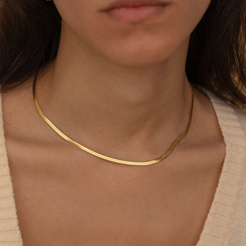18K Vergoldete Edelstahl Fischgrätenkette Halskette Für Damen Minimalistische Flache Schlangenkette Mode Schmuck Geschenk