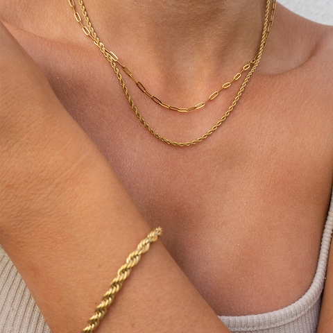 Damen Edelstahl 18K Vergoldet Büroklammer Seilkette Lagenhalskette Minimalistischer Geometrischer Armband Schmuck