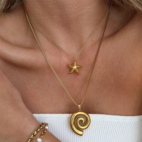 18K Vergoldete Edelstahl Seestern Spirale Kreis Anhänger Halskette Für Damen Minimalistischer Boho Ozean Thema Schmuck