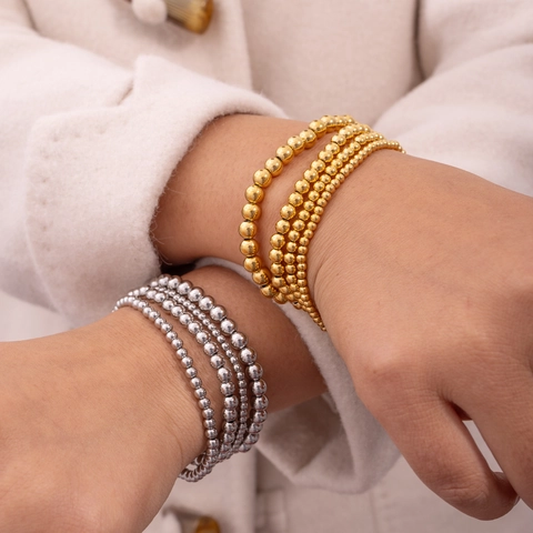 Minimalistisches Edelstahl 18K Gold Silber Plattiert Elastisches Perlen Kugel Armband Für Damen Vintage Modeschmuck Geschenk