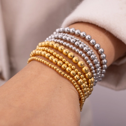 Minimalistisches Edelstahl 18K Gold Silber Plattiert Elastisches Perlen Kugel Armband Für Damen Vintage Modeschmuck Geschenk