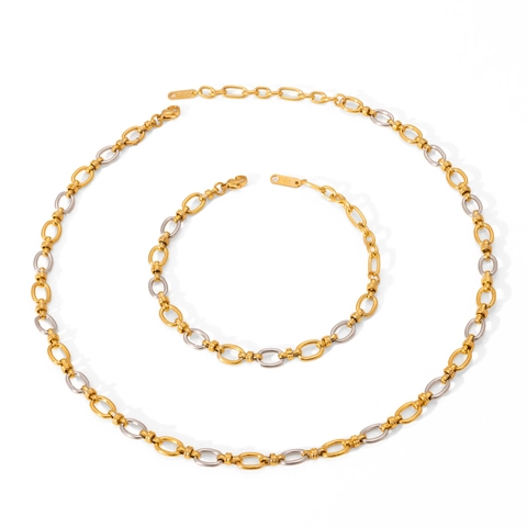 Minimalistische Edelstahl Zweifarbig Gold Silber Plattiert Oval Gliederkette Halskette Und Armband Für Damen Modeschmuck