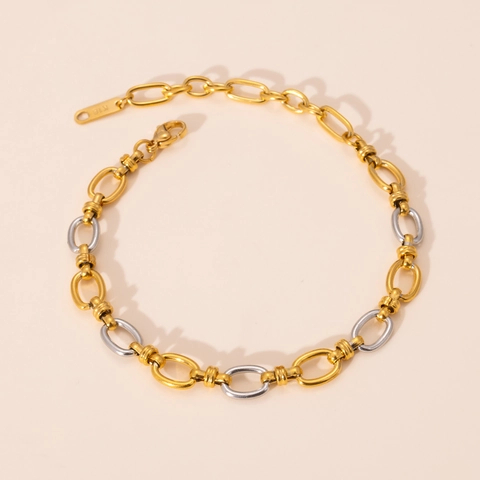Minimalistische Edelstahl Zweifarbig Gold Silber Plattiert Oval Gliederkette Halskette Und Armband Für Damen Modeschmuck
