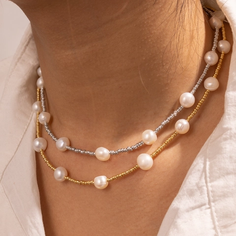 18K Vergoldet Edelstahl Süßwasserperle Zweilagige Halskette Für Damen Minimalistische Schlüsselbein Kette Schmuck Geschenk