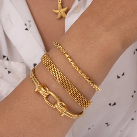 Minimalist Stainless Steel Gold Plated Cuff Bracelet French Style Twisted Wheat Mesh Chain Jewelry For Women Fashion Hand Jewelry