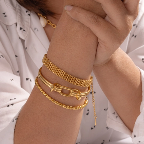 Minimalist Stainless Steel Gold Plated Cuff Bracelet French Style Twisted Wheat Mesh Chain Jewelry For Women Fashion Hand Jewelry