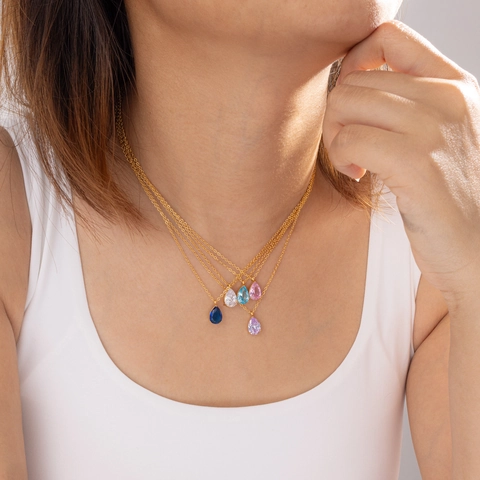 Halskette Edelstahl Wassertropfen Geburtsstein Anhänger Gold Strass Collier Für Damen Frauen Mädchen Geburtstag Schmuck Geschenk