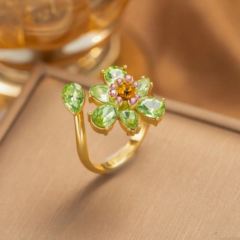 Elegant Stainless Steel Zirconia Flower Necklace Ring For Women Fashion Gold Plated Colorful Crystal Pendant Jewelry Clavicle Chain