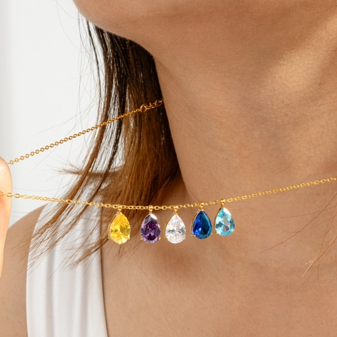 Halskette Edelstahl Wassertropfen Geburtsstein Anhänger Gold Strass Collier Für Damen Frauen Mädchen Geburtstag Schmuck Geschenk