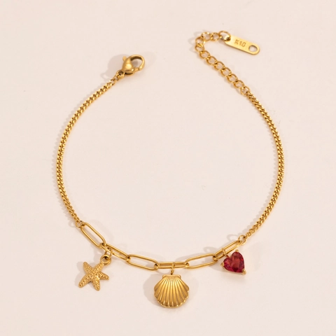 Damen Edelstahl Ozean Thema Charme Armband Vergoldet Herz Strass Muschel Seestern Individueller Trend Schmuck