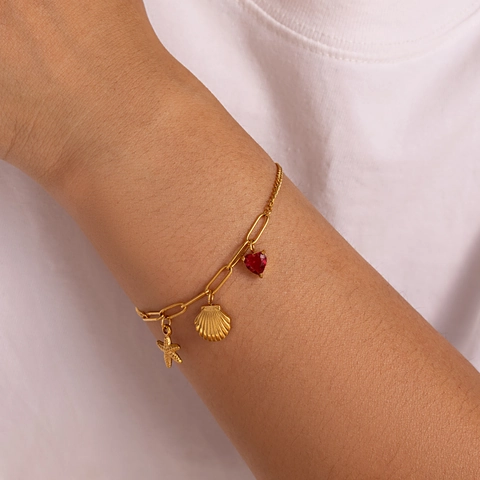 Damen Edelstahl Ozean Thema Charme Armband Vergoldet Herz Strass Muschel Seestern Individueller Trend Schmuck