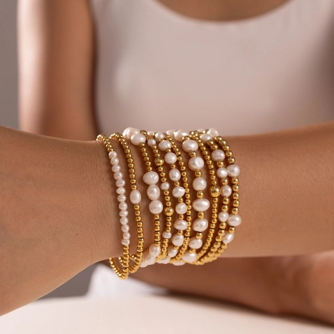 Vintage 18K Vergoldet Edelstahl Elastisch Perlenarmband Mit Süßwasserperle Stapelbar Mode Schmuck Für Damen
