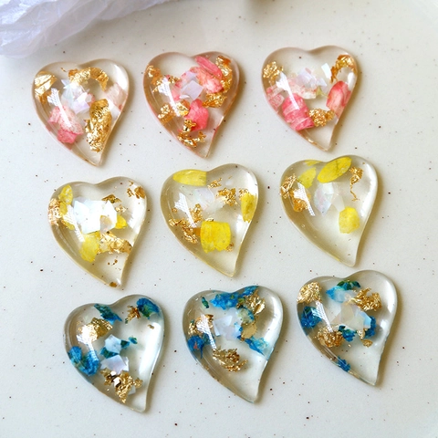 Heart Shaped Resin Jewelry Charms With Gold Foil Dried Flowers Shell Transparent DIY Earrings Bracelet Pendant Making