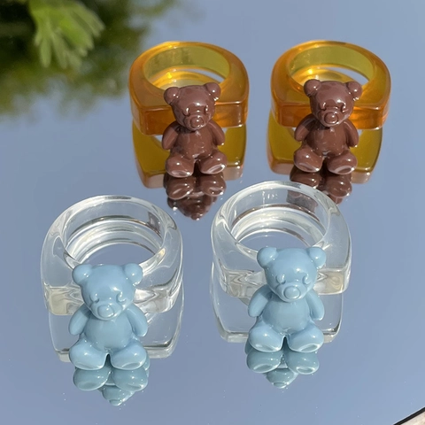 Anillo de Oso de Resina de Estilo Coreano Lindo Accesorio de Colgante de Bolsa DIY Transparente Ámbar Azul Marrón Joyería de Moda