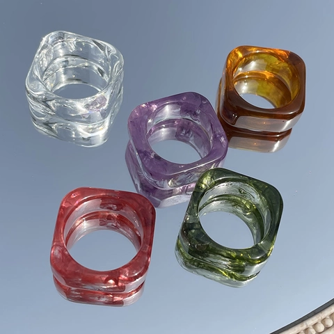 Vintage Korean Style Square Resin Ring Ink Wash Pattern Translucent Chunky Ring For Women DIY Jewelry Making Finger Accessories