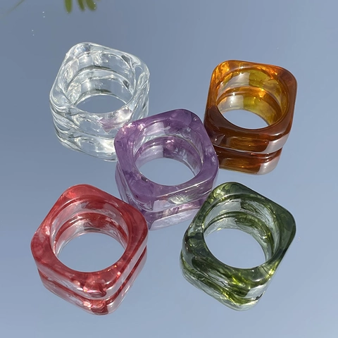 Vintage Korean Style Square Resin Ring Ink Wash Pattern Translucent Chunky Ring For Women DIY Jewelry Making Finger Accessories