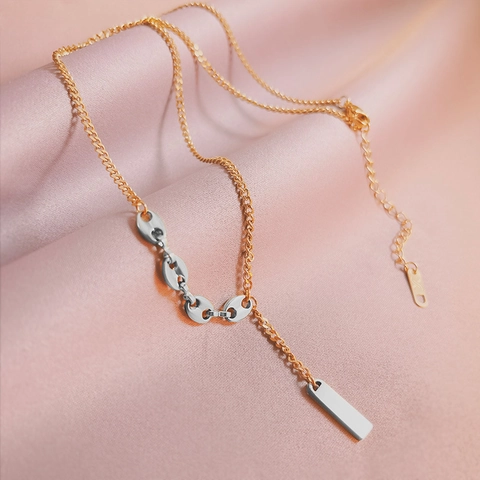 Collar de Cadena de Grano de Café Nariz de Cerdo de Acero Inoxidable Minimalista Con Colgante Rectangular Bicolor Oro Plata Joyería para Mujer