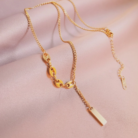 Collar de Cadena de Grano de Café Nariz de Cerdo de Acero Inoxidable Minimalista Con Colgante Rectangular Bicolor Oro Plata Joyería para Mujer