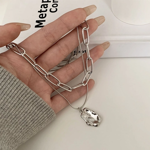 Double Layer Stainless Steel Necklace For Women Irregular Liquid Metal Pendant Paperclip Snake Chain Layered Choker Jewelry