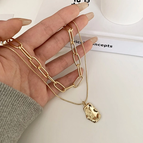 Double Layer Stainless Steel Necklace For Women Irregular Liquid Metal Pendant Paperclip Snake Chain Layered Choker Jewelry