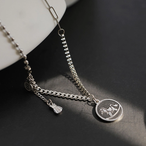 Hip Hop Titanium Steel Rocking Horse Pendant Necklace For Women Silver Mixed Chain Money Bag Dollar Sign Charm Necklace