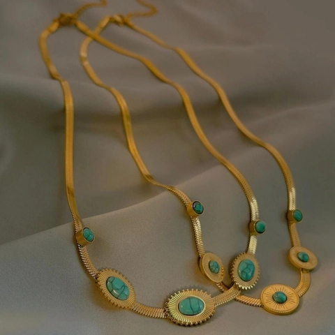 Böhmisch Vintage Titanstahl Künstlicher Türkis Anhänger Halskette Für Damen Vergoldete Schlangenkette Geometrischer Schmuck