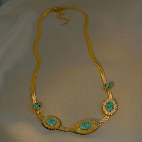 Böhmisch Vintage Titanstahl Künstlicher Türkis Anhänger Halskette Für Damen Vergoldete Schlangenkette Geometrischer Schmuck