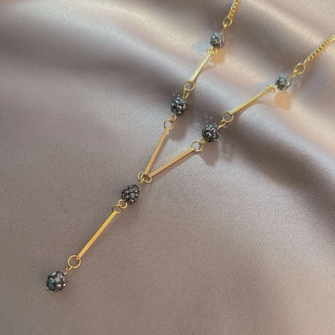 Collar con Colgante en Forma de Y de Acero Inoxidable Dorado Bola de Strass Borla Larga Cadena Geométrica para Mujer Joyería