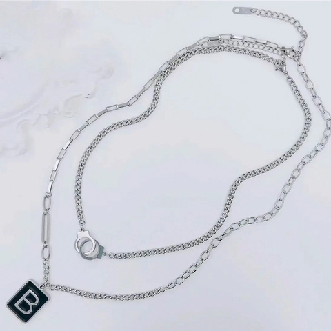Titanium Steel Double Layer Necklace With B Letter Square Pendant And Handcuff Charm Punk Street Style Jewelry For Women