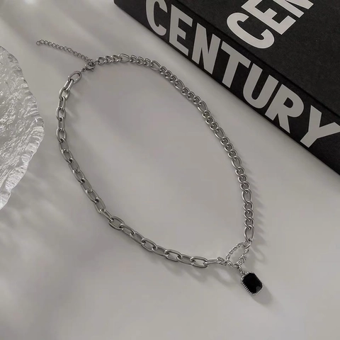 Collar de Cadena de Empalme de Acero de Titanio Vintage para Mujer Colgante de Cristal Artificial Rectángulo Geométrico