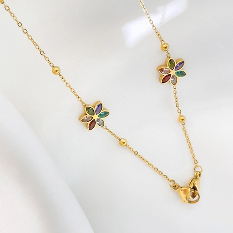 Colorful Rhinestone Flower Titanium Steel Eyeglass Chain Mask Lanyard Gold Plated Anti-lost Hanging Neck Chain For Women