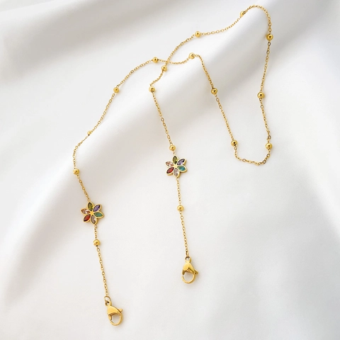 Colorful Rhinestone Flower Titanium Steel Eyeglass Chain Mask Lanyard Gold Plated Anti-lost Hanging Neck Chain For Women