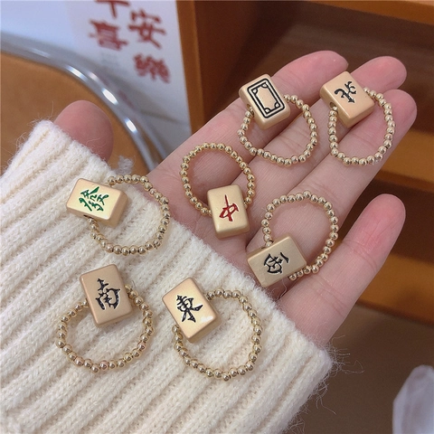 Anillo de Cuentas Mahjong Chino Tradicional Para Mujeres Hombres Carácter de Suerte Anillo Elástico Joyería de Moda Regalo Cultural