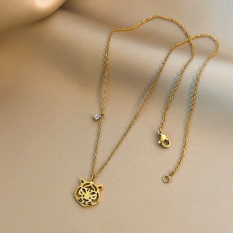 Collar Con Colgante de Cabeza de Tigre Hueco para Mujer Joyería de Acero Inoxidable Chapado en Oro Estilo Étnico Tigre