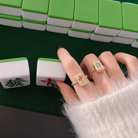 Anillo de Cuentas Mahjong Chino Tradicional Para Mujeres Hombres Carácter de Suerte Anillo Elástico Joyería de Moda Regalo Cultural