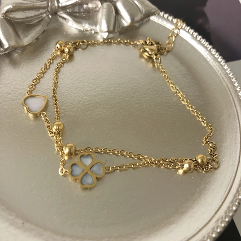 Mode Titanstahl Doppelschichtige Herz Vierblättriges Kleeblatt Fußkettchen Für Damen Koreanischer Stil Perlenkette Fußschmuck