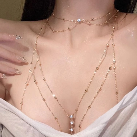 Sexy Multi-layer Gold Silver Plated Body Chain Necklace Set Alloy Rhinestone Crystal Bead Decor For Women Party Jewelry Gift