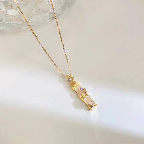 Minimalist Stainless Steel Bamboo Joint Pendant Necklace For Women Gold Silver Butterfly Leaf Rhinestone Fashion Jewelry