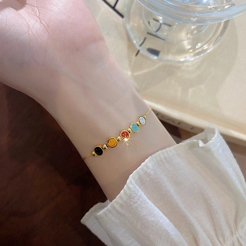 Bunter Smiley Gesicht Anhänger Halskette Armband Fußkettchen Titanstahl 18K Vergoldet Emaille Perlen Modeschmuck Damen