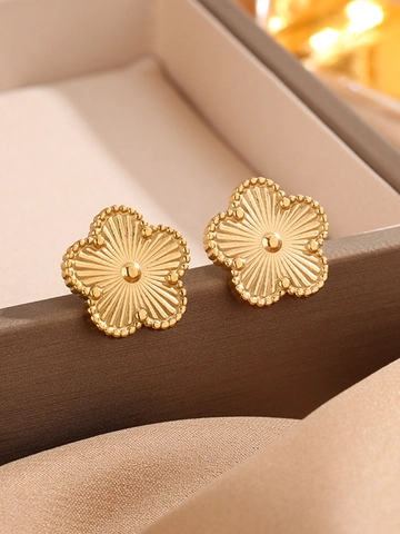 Luxury Gold Stainless Steel Five Leaf Clover Jewelry Set Vintage Beaded Edge Sunburst Texture Necklace Bracelet Stud Earrings For Women