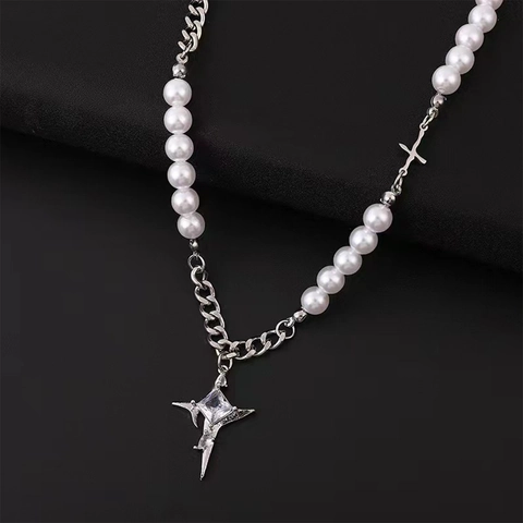 Collana con Pendente a Stella Croce in Acciaio al Titanio Perle Artificiali Uomo Donna Hip Hop Gotico Strass Catena Cubana