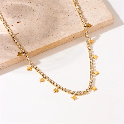 Gold Plated Stainless Steel Star Pendant Necklace With Sparkling Rhinestone Tennis Chain Fashion Jewelry For Women