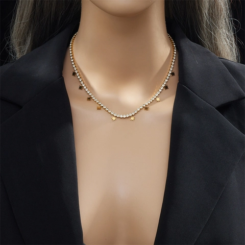 Eight-Pointed Star Round Disc Pendant Necklace Stainless Steel Gold Plated Rhinestone Row Chain Minimalist For Women