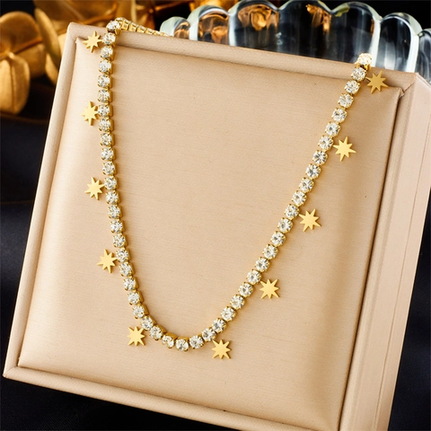 Eight-Pointed Star Round Disc Pendant Necklace Stainless Steel Gold Plated Rhinestone Row Chain Minimalist For Women