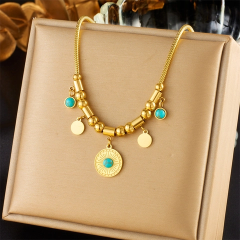 Collar con Colgante de Turquesa Chapado en Oro de Acero de Titanio Bohemio para Mujer Joyería Superpuesta de Mariposa Ojo Turco Corazón Sol