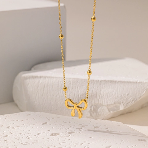 Bowknot Necklace Bracelet And Earrings Stainless Steel 18K Gold Plated Elegant Versatile Jewelry For Women