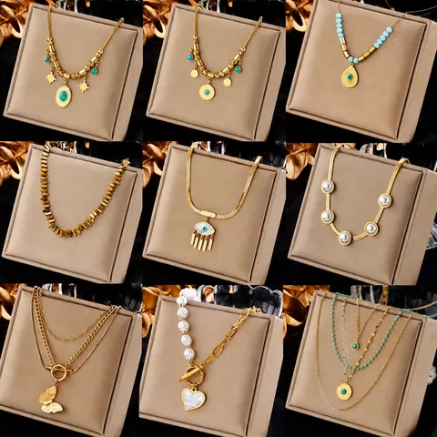 Collar con Colgante de Turquesa Chapado en Oro de Acero de Titanio Bohemio para Mujer Joyería Superpuesta de Mariposa Ojo Turco Corazón Sol